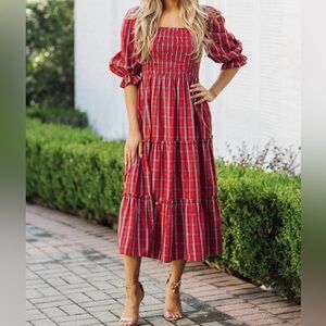 J Marie xs Red Plaid Smocked Midi Dress